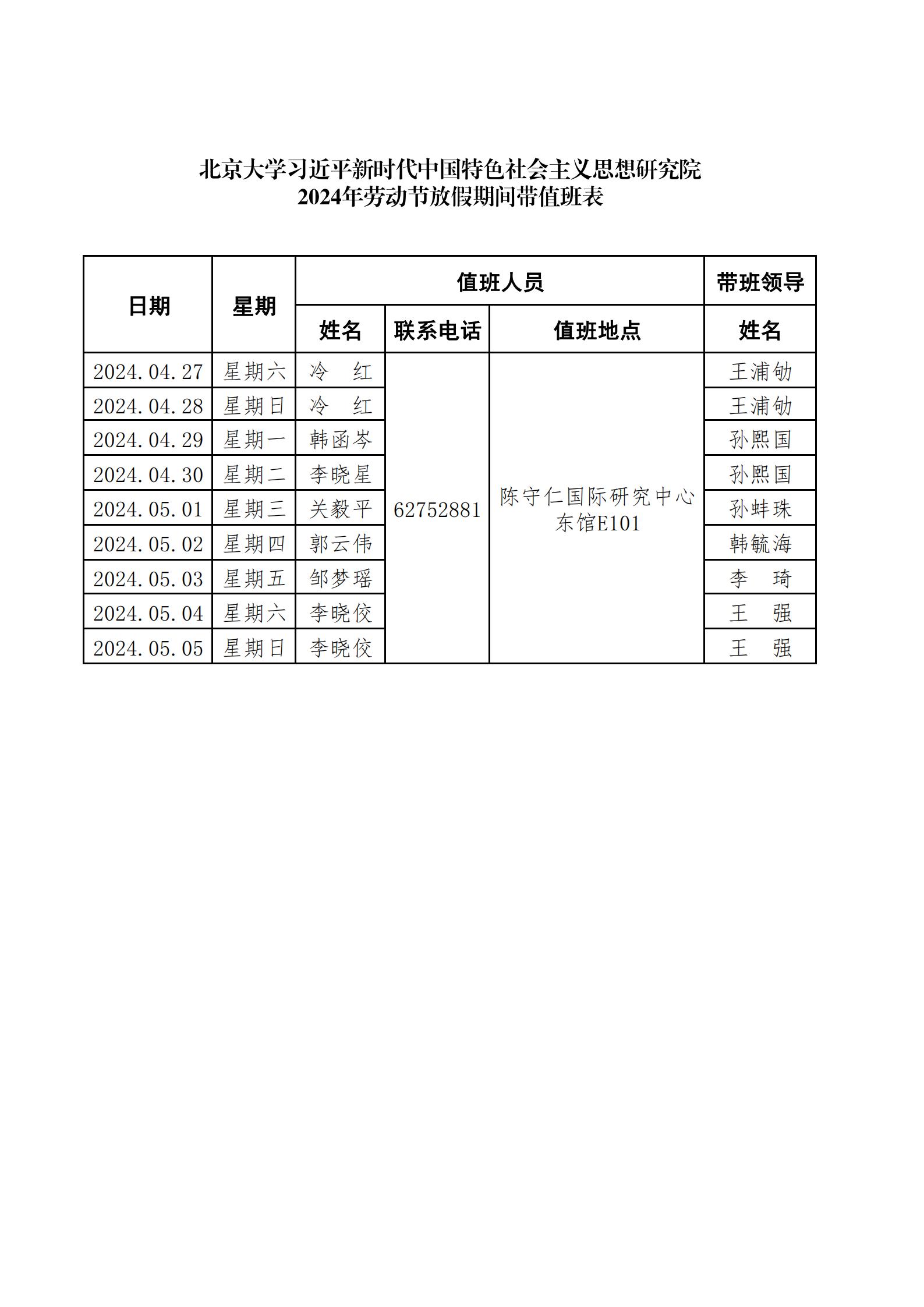 北京大学习近平新时代中国特色社会主义思想研究院2024年劳动节放假期间带值班表(1)_00(1).jpg